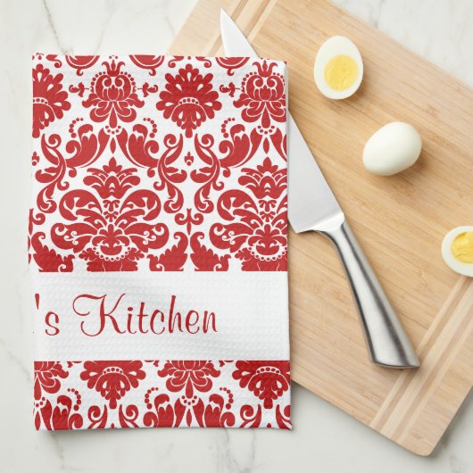 Personalisiert Red White Vintag Damask Geschirrtuch (Viertel Falte)