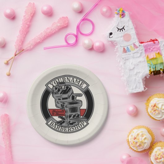 Personalisiert Retro BarberShop Barber Chair Salon Pappteller (Party)