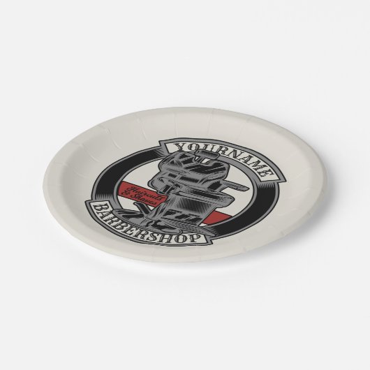 Personalisiert Retro BarberShop Barber Chair Salon Pappteller (Schrägansicht)