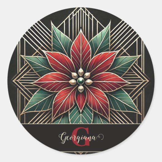 Personalisiert Retro Flora Art Deco Poinsettia Runder Aufkleber (Vorderseite)