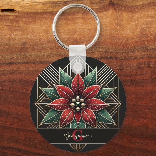 Personalisiert Retro Flora Art Deco Poinsettia Schlüsselanhänger (Vorderseite)