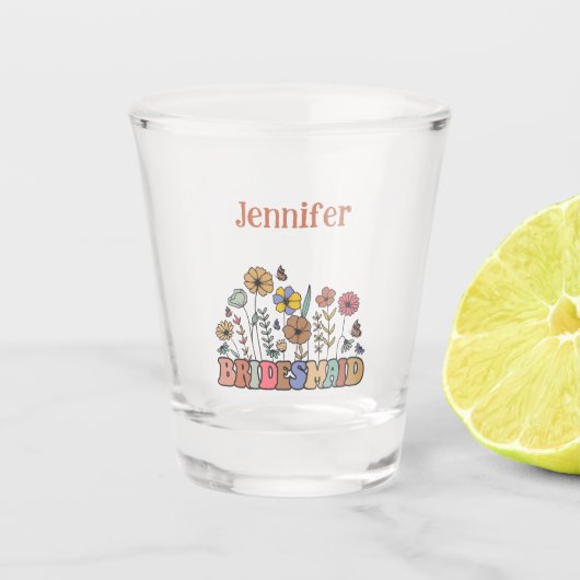 Personalisiert Retro Floral Bridesmaid Schnapsglas (Vorderseite)