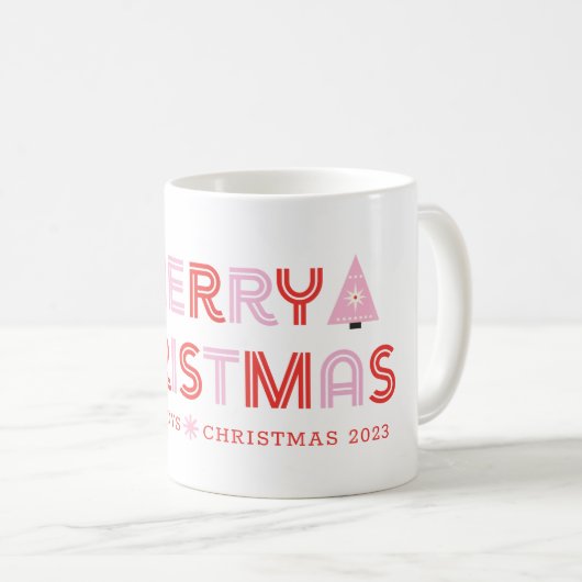 Personalisiert Retro Frohe Weihnachtsbaum Rosa & R Kaffeetasse (VorderseiteRechts)