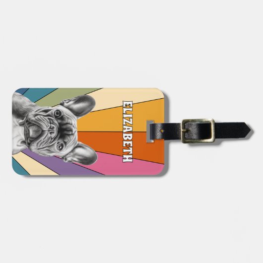 Personalisiert Retro Rainbow Niedlicher French Bul Gepäckanhänger (Vorderseite horizontal)