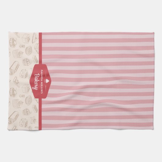 Personalisiert Retro Rosa Streifen Bäckerei Küchen Geschirrtuch (Horizontal)