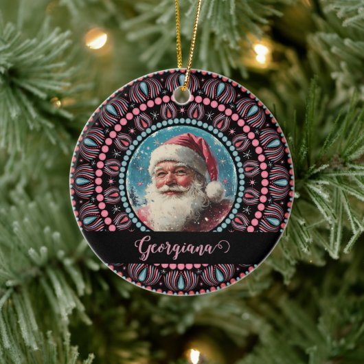 Personalisiert Retro Santa Pinkmas Floral Mandala Keramik Ornament (Baum)