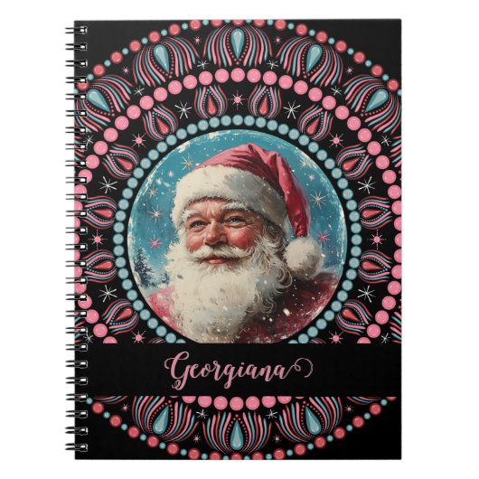 Personalisiert Retro Santa Pinkmas Floral Mandala Notizblock (Vorderseite)
