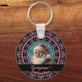Personalisiert Retro Santa Pinkmas Floral Mandala Schlüsselanhänger