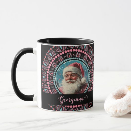 Personalisiert Retro Santa Pinkmas Floral Mandala Tasse (Mit Donut)