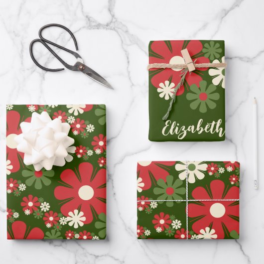 Personalisiert Retro Weihnachten 60er 70er Floral Geschenkpapier Set (Vorderseite)