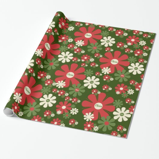 Personalisiert Retro Xmas 60er 70er Floral Muster Geschenkpapier (Ungerollt)