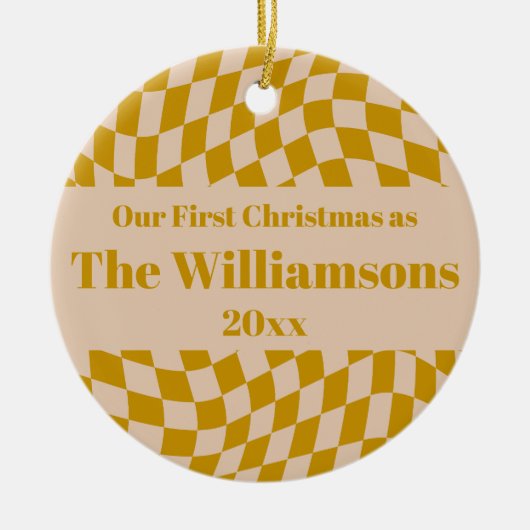 Personalisiert Retro Yellow Checkerboard Weihnacht Keramik Ornament (Vorne)