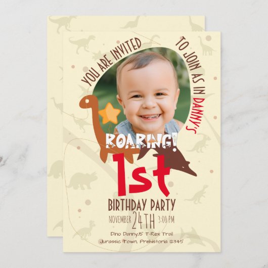 Personalisiert Roaring Dinosaur 1. Geburtstag Einladung (Vorne/Hinten)