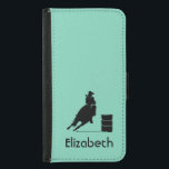 Personalisiert Rodeo Thema Cowgirl Barrel Racer Geldbeutel Hülle Für Das Samsung Galaxy S5<br><div class="desc">Silhouette eines sportlichen Cowgirl Fass Rennen mit ihrem Pferd. Aufregende Darstellung von Rodeo-Aktionen. Hintergrund ist eine minzgrüne Farbe. Ideal für Rodeo-Fans und Pferdefreunde. Personalisieren mit einem Namen.</div>