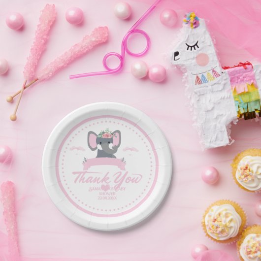 Personalisiert rosa Blumendusche niedlich Elephant Pappteller (Party)