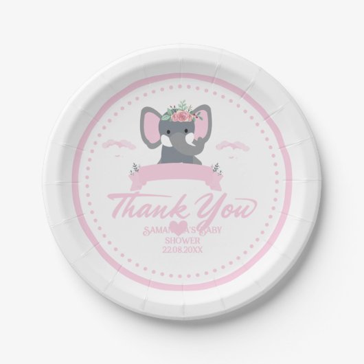 Personalisiert rosa Blumendusche niedlich Elephant Pappteller (Vorderseite)