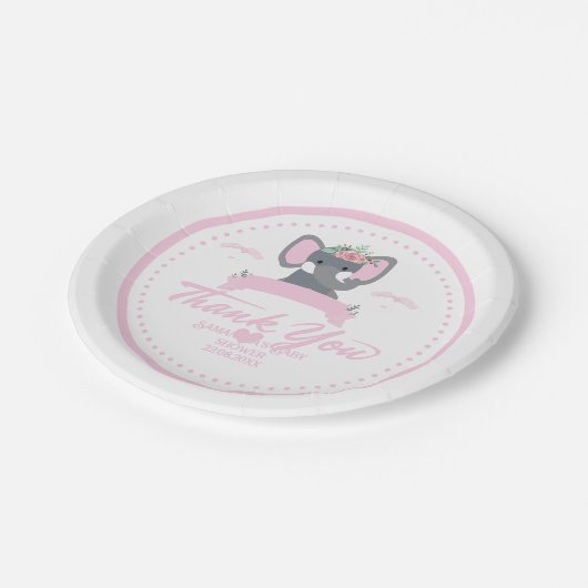 Personalisiert rosa Blumendusche niedlich Elephant Pappteller (Schrägansicht)