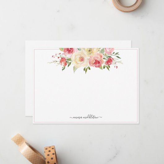Personalisiert rosa Blüten Wasserfarben Mitteilungskarte (Vorderseite/Rückseite Beispiel)