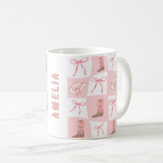 Personalisiert rosa Cowgirl Boot & Bow Schachbrett Kaffeetasse (VorderseiteRechts)