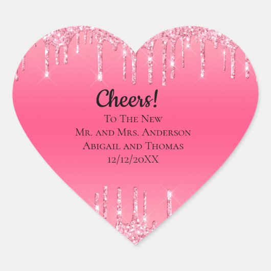 Personalisiert rosa Dripping Glitzer Trendy Weddin Herz-Aufkleber (Vorderseite)