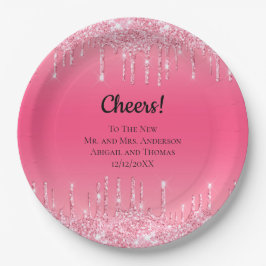 Personalisiert rosa Dripping Glitzer Trendy Weddin Pappteller