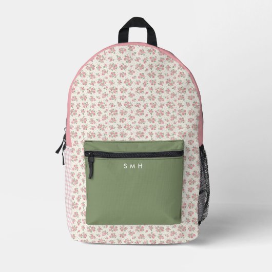 Personalisiert rosa Floral und Gingham Backpack Bedruckter Rucksack (Vorderseite)