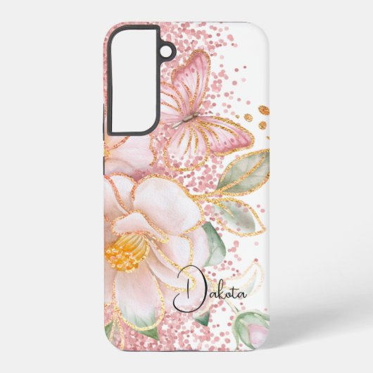 Personalisiert rosa Floral und Schmetterling Handy Samsung Galaxy Hülle (Rückseite)