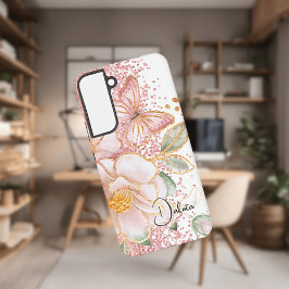 Personalisiert rosa Floral und Schmetterling Handy Samsung Galaxy Hülle