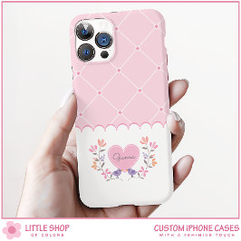 Personalisiert rosa florale Diamantmonogramm iPhone 16 Hülle