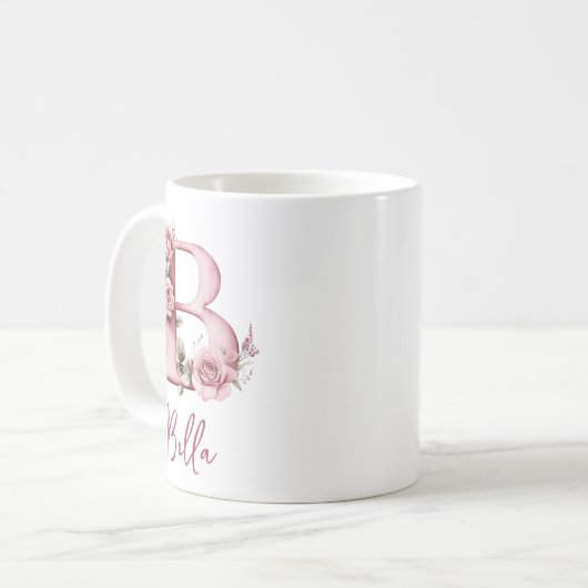 Personalisiert rosa florale Monogramm B Kaffeetasse (Vorderseite Links)