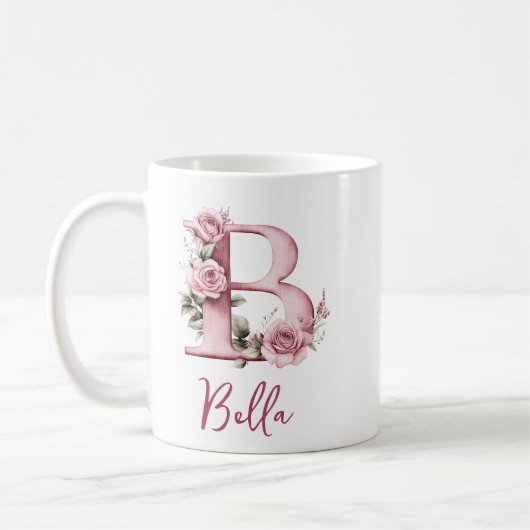 Personalisiert rosa florale Monogramm B Kaffeetasse (Links)
