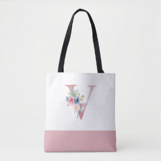 Personalisiert rosa florale Monogramm Letter V Tasche