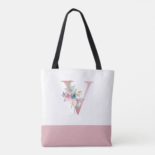 Personalisiert rosa florale Monogramm Letter V Tasche (Rückseite)