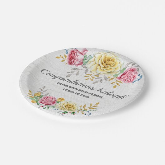 Personalisiert rosa gelbe Blüte auf grauem Burlap Pappteller (Schrägansicht)