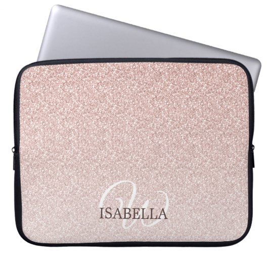 Personalisiert rosa Glitzer Ombre Name Monogram Laptopschutzhülle (Vorderseite)
