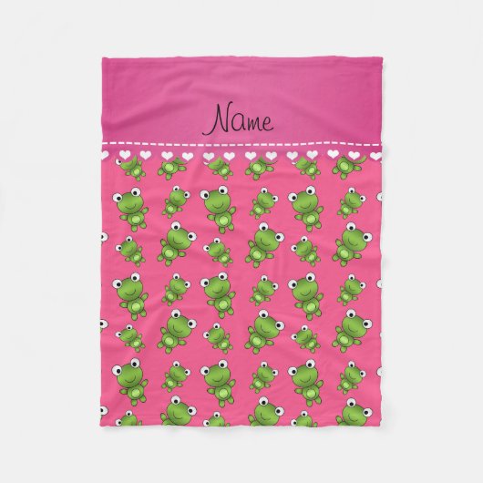 Personalisiert rosa grüne Frösche Rosa Herzstreife Fleecedecke (Vorderseite)