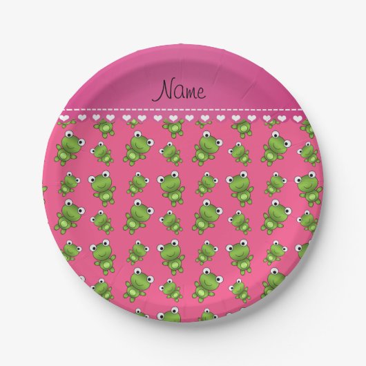 Personalisiert rosa grüne Frösche Rosa Herzstreife Pappteller (Vorderseite)