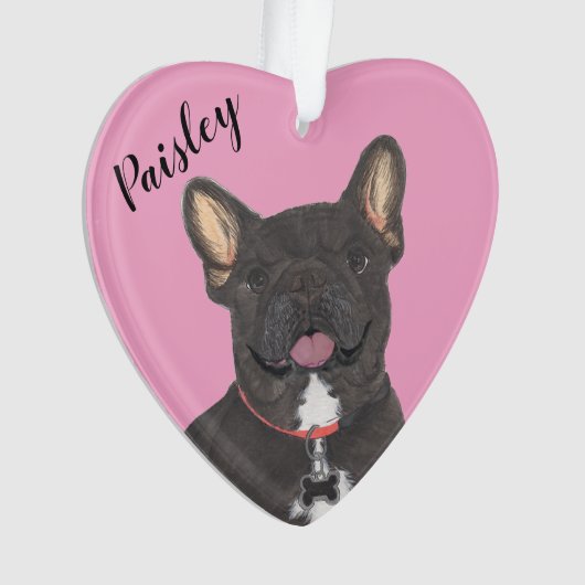 Personalisiert-rosa-herz-schwarze Brindle Frenchie Ornament (Vorderseite)