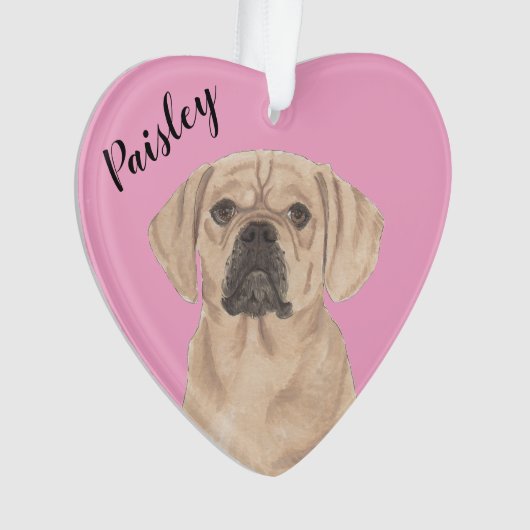 Personalisiert rosa Herzpuggle Ornament (Vorderseite)