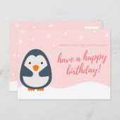 Personalisiert - Rosa Illustrierter Pinguin Geburt Postkarte (Vorne/Hinten)