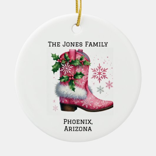 Personalisiert rosa Land/Western Xmas Cowboy Boot Keramik Ornament (Vorne)