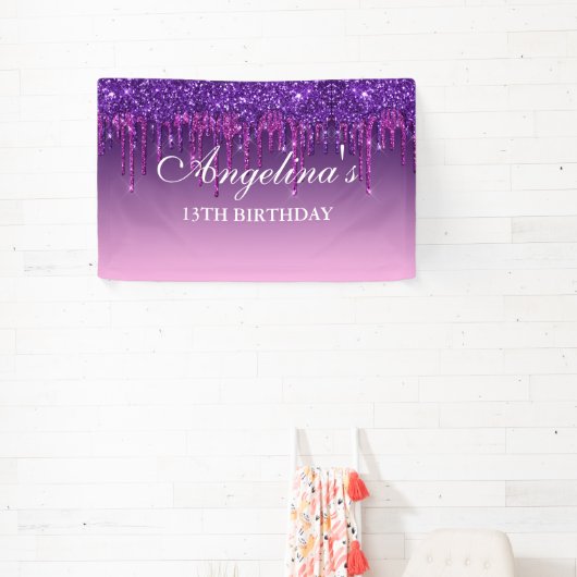 Personalisiert rosa Lila Tropfen Glitzer Geburtsta Banner (InSitu)