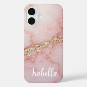 Personalisiert rosa Marmor Stilvoll Gold iPhone 16 Hülle