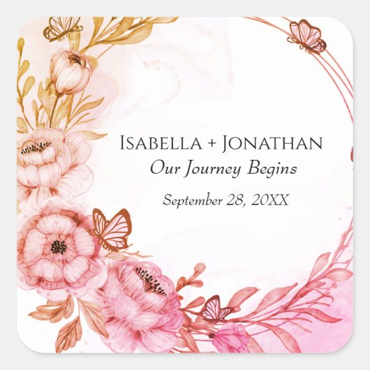 Personalisiert rosa Orangefarbene Blume Blumenschm Quadratischer Aufkleber (Vorderseite)