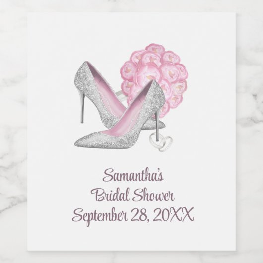 Personalisiert Rosa Rosen Silver Heelses Brautpart Weinetikett (Einzelnes Label)