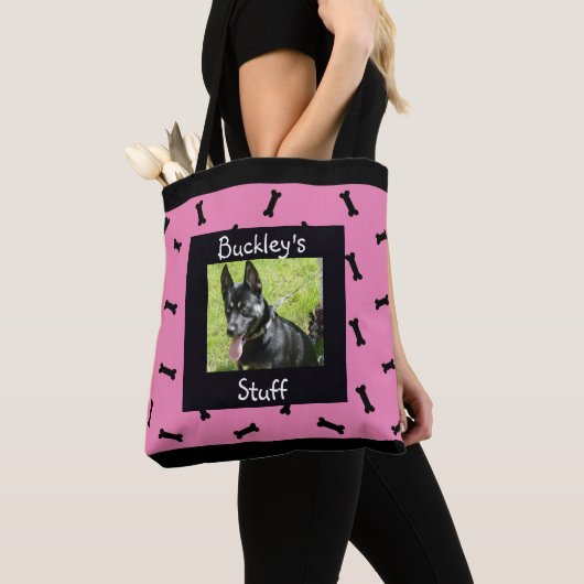 Personalisiert-Rosa-Schwarz-Pet-Foto-Hundeknochen Tasche (Von Nahem)