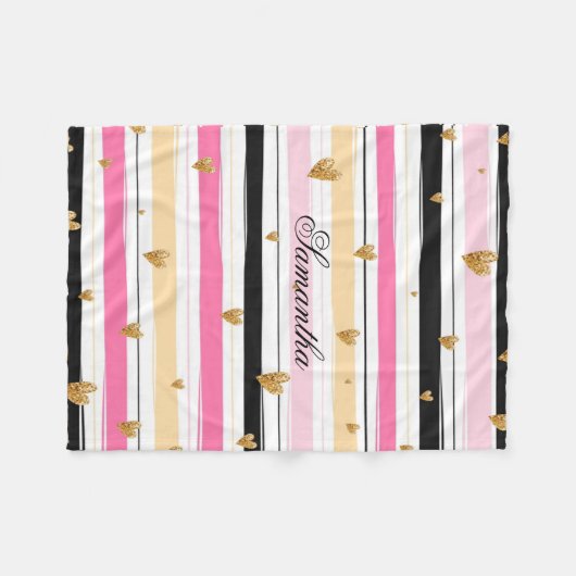 Personalisiert rosa Schwarz Streifen Gold Glitzer Fleecedecke (Vorderseite (Horizontal))