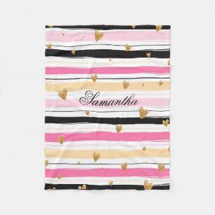 Personalisiert rosa Schwarz Streifen Gold Glitzer Fleecedecke