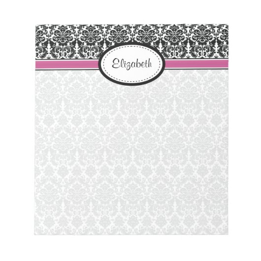 Personalisiert rosa, schwarz, weißer, blumengeschm notizblock (Vorderseite)