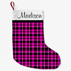 Personalisiert rosa und schwarz Karierter Tartan Kleiner Weihnachtsstrumpf